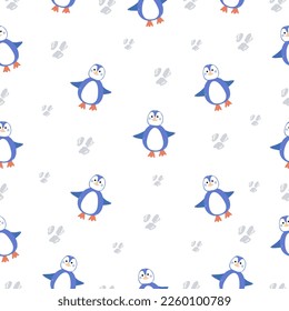 Cute penguins seamless pattern in minimalistic scandinavian style on white background. Penguin character doodle. Winter kids seamless vector pattern