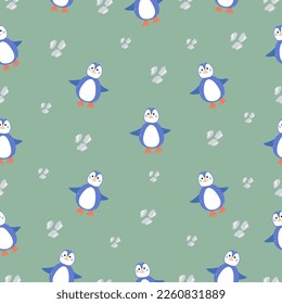 Cute penguins seamless pattern in minimalistic scandinavian style on green background. Penguin character doodle. Winter kids seamless vector pattern