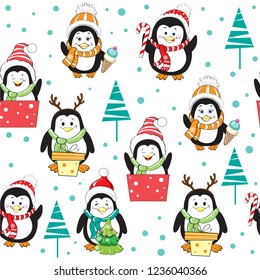 cute penguins seamless pattern on a white background