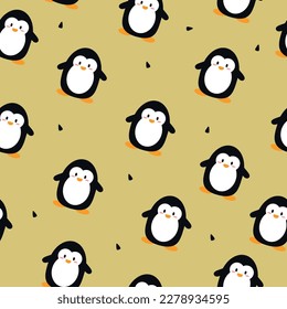 Pingüinos sin fisuras. Pingüinos de fondo marrón. Postal, afiche, ropa, tela, papel de envoltura, textiles.