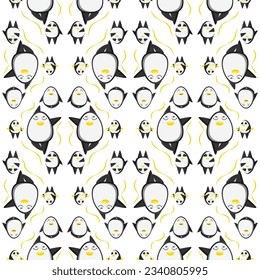 Cute penguins seamless pattern. Vector illustration in cartoon childish style.