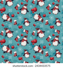 Cute penguins seamless pattern. Vector illustration in cartoon childish style for t-shirt prints and other uses.