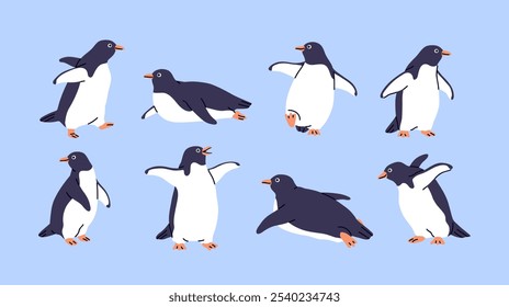 Cute penguins set. Adorable arctic antarctic birds in playful poses, waddling, walking, standing with wings. Polar animals, mammal characters, fauna from Antarctica. Isolated flat vector illustrations