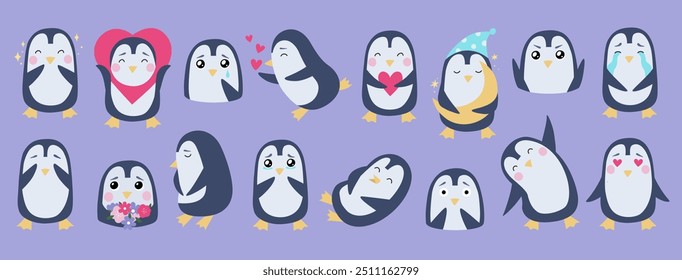 Lindos pingüinos con diferentes emociones. Caracteres de Vector en estilo plano dibujado a mano