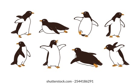 Lindo conjunto de pingüinos. Animales árticos divertidos en poses torpes, acostados, caminando con las alas extendidas. Pájaros polares, personajes de mamíferos salvajes. Ilustración vectorial plana aislada sobre fondo blanco