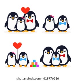 Cute penguins set - happy family. Penguins children, and parents. Vector images in cartoon style