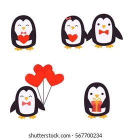 Cute penguins set - Happy Valentines day. Couple of penguins. Penguin holding a heart. Penguin with balloons. Penguin with a gift . Postcard for Valentine's Day, vector illustration in cartoon style