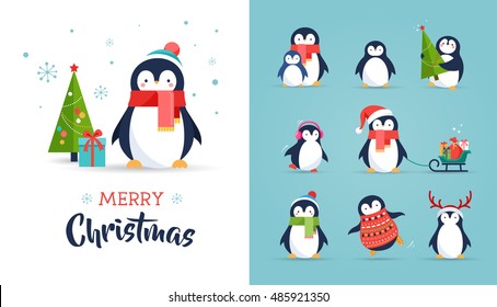 Cute penguins set - Merry Christmas greetings