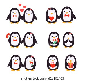 Cute penguins set. A pair of penguins. Penguin with heart. Penguin with a gift. Penguin with flowers. Large set of twelve penguins. Vector images in cartoon style