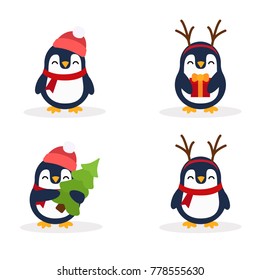 Cute penguins set. Penguin with a gift. Penguin with horns. Penguin with Christmas tree. Penguin in hat and scarf. Set. Postcard for the New year and Christmas. Vector images in cartoon style 