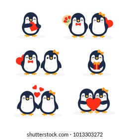 Cute penguins set-happy Valentines day. A pair of penguins. Penguin holding a heart. Penguin with flowers. Penguin with a gift . Postcard for Valentine's Day, vector illustration in cartoon style