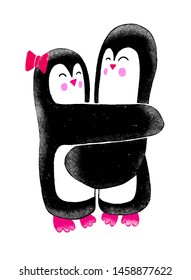 Cute penguins set-happy Valentines day. A pair of penguins. Penguins holding each other. Postcard for Valentine's Day, vector illustration in cartoon style