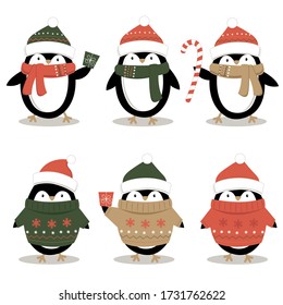 Cute Penguins sets collection cartoon vector illustrations, Cute Christmas character design