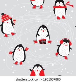 Cute penguins. Skating. Seamless pattern. Vector illustration. Cartoon background.