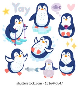 Cute penguins skiing, having fun, drinking tea. Funny characters. Vector illustration.