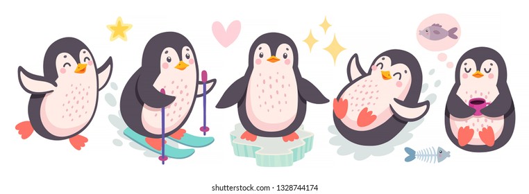 Cute penguins skiing, having fun, drinking tea. Funny characters. Vector illustration.