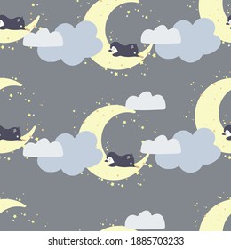 Cute penguins sleep in the clouds. Seamless background with cute animals. Decorative wallpaper for the nursery. Vector. Suitable for children's clothing, interior design, packaging, printing.