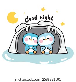 Cute penguins sleeping and stay in ice cave.Moon and star.Night.Polar animal bird character cartoon design.Kawaii.Vector.Illustration.