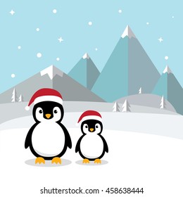 Cute Penguins standing on white snow with Antarctica's winter background. Penguins wearing santa hat with ice mountain flat design vector illustration.