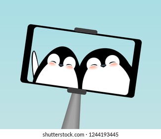 Cute penguins taking photo with selfie stick, monopod. Cartoon characters in flat style, vector illustration.