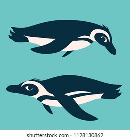 Cute penguins underwater. Antarctic birds swimming, looking to each other. Vector illustration of two penguins in flat cartoon style isolated on blue background. African penguins. Birds couple.