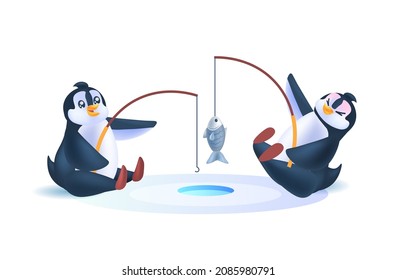 cute penguins using rods antarctic birds fishing together full length horizontal