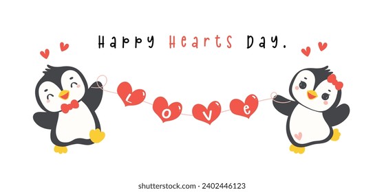 Cute penguins Valentine with heart garland cartoon drawing, Kawaii animal character illustration banner.