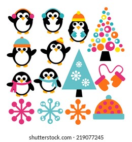 Cute Penguins Vector Clip Art Set. Great For Winter Theme Projects. Trees And Snowflakes Are Included.