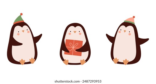 Cute penguins. Vector illustration in flat cartoon style on a white background.