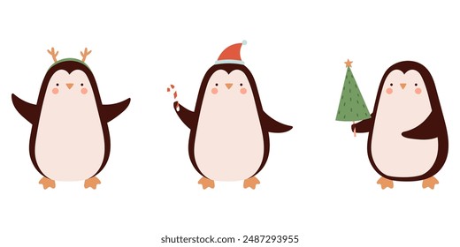 Cute penguins. Vector illustration in flat cartoon style on a white background.