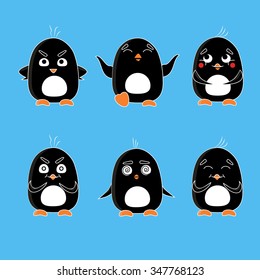 Cute penguins vector set. Cartoon Animal flat vector. Emotion penguin set - angry, happy, embarrassment, deceit, overload and laughing.
