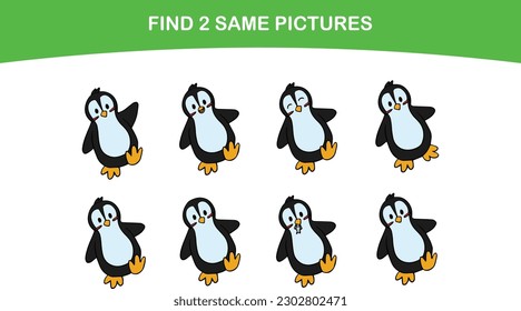 Geruchte Pinguine laufen. Finden Sie zwei gleiche Bilder. Erziehungsspiel für Kinder. Cartoon-Vektorgrafik