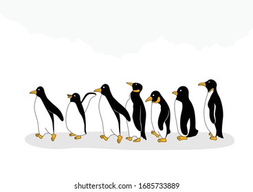 Cute penguins walking on Antarctica background, Arctic animals of North pole Arctic, Penguin cartoon vector illustration
