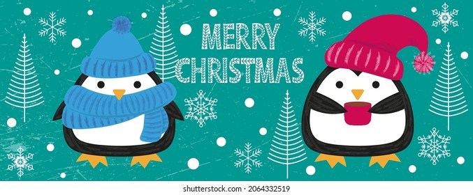 Cute penguins in warm hats. Winter festive background with Merry Christmas lettering. Cartoon doodle. Vector design for banner, postcard, poster.