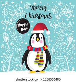 Cute Penguins wearing Santa Claus hat,Cute Penguin, Christmas Animal Character, Cartoon Illustration,2019 Happy New Year with cute penguin ,Greeting card,Vector illustration