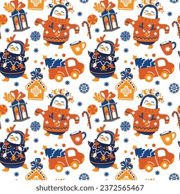 Cute penguins wearing an ugly Christmas sweaters enjoying the Christmas routine. Seamless pattern. Vector.