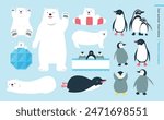 Cute penguins and white bears summer vector illustration set.