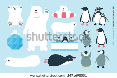 Cute penguins and white bears summer vector illustration set.