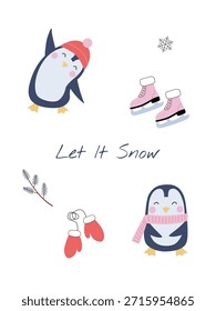 Cute penguins in winter clothes. Design for a postcard or poster with the text "Let it snow".