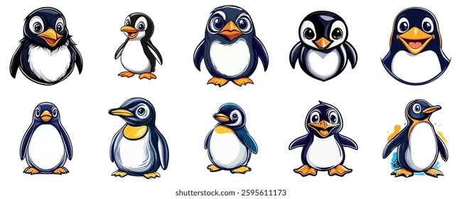 Cute Penguins in Winter Habitat and Aquatic Environment