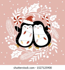 Cute penguins in wreath on pink background. Perfect for tee shirt logo, greeting card, poster, invitation or print design. 