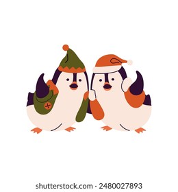 Cute penguins in Xmas costumes cuddle, greeting, wave hands. Happy north baby animals welcome Christmas. Funny birds in winter holiday suits. Flat isolated vector illustration on white background