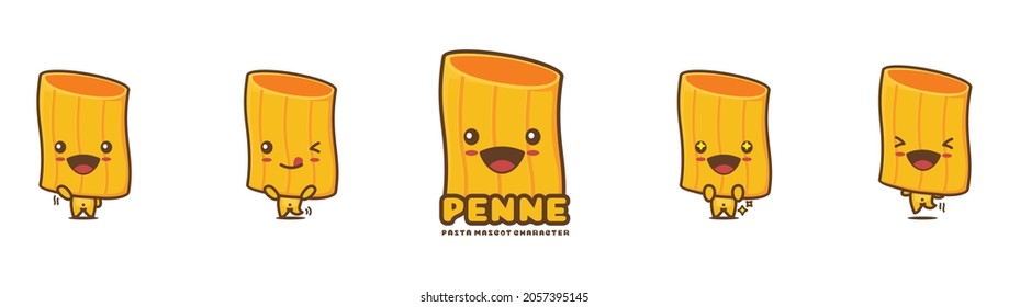 cute penne cartoon mascot, pasta vector illustration, with different facial expressions and poses, isolated on white background