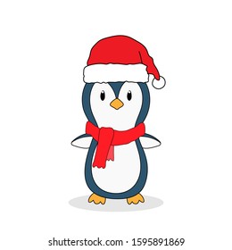 Cute Penquin Christmas theme with Santa hairband red scarf coutume isolate on white background vector illustration
