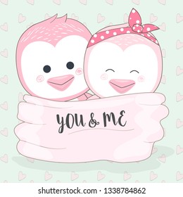 Cute penquin couple hugging animal cartoon for greeting card illustration