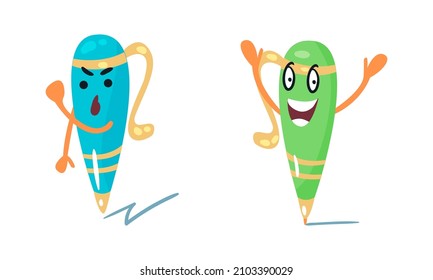 Cute pens characters set. Stationery tools with funny emotional faces cartoon vector illustration