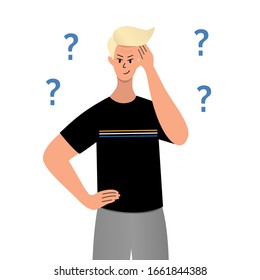 Cute pensive boy is thinking. Question marks around him. Man or student  have no idea, he trying to make right decision. Cartoon character design, flat vector illustration.