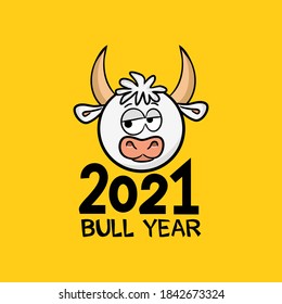 Cute pensive bull symbol of 2021. Yellow New Year banner. 2021 calendar heading. Vector illustration for the design of Chinese New Year cards and posters.