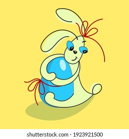 Cute pensive bunny hugs an Easter egg. Vector character cartoon style. Illustration for the holiday on a bright yellow background. Drawing for a postcard.