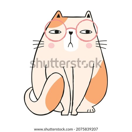 Cute pensive cat. Thoughtful character with glasses thinking about something. Philosopher, clever fuzzy. Pet with glasses. Stickers and badges for social networks. Cartoon flat vector illustration